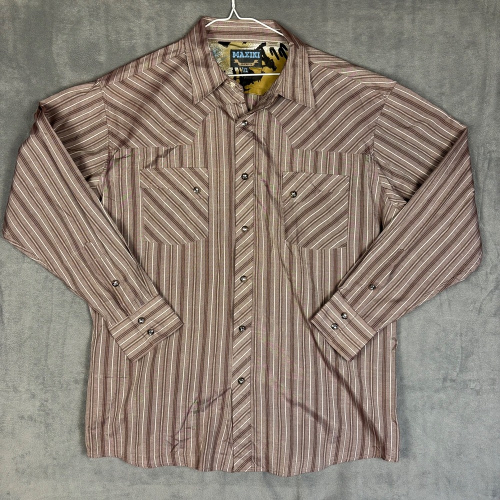 Maxini Premium Mens XL Western Crystal Snap Shirt Brown Striped Rhinestone Snaps